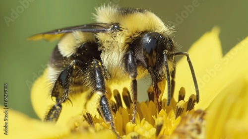 Bumblebee collects pollen, dynamic angle, distinct pollen basket