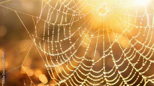 Morning dew on web, close-up with sparkling bokeh, dawn lighting © cvetikmart