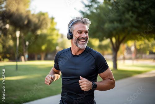 A man with a smile on his face jogging in a park, enjoying his run amidst the greenery and fresh air.