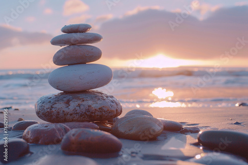 photography of a stack of smooth, balanced stones on a beach at sunrise, representing balance and mindfulness in life 