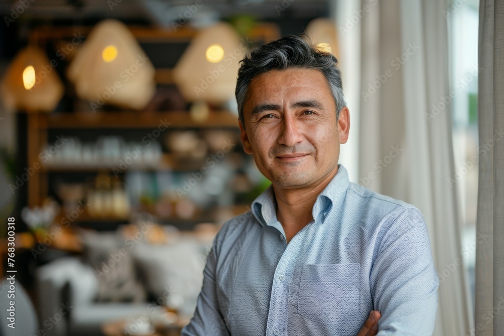 A man is smiling and posing for a picture in front of a restaurant A man is smiling and posing for a picture in front of a restaurant