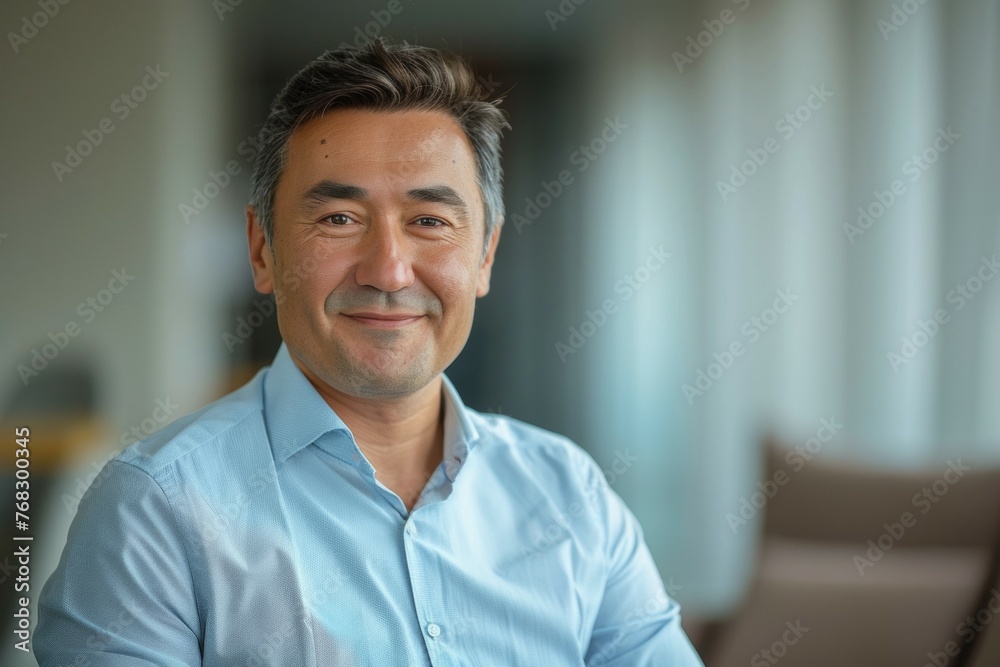 A man in a blue shirt is smiling and looking at the camera A man in a blue shirt is smiling and looking at the camera