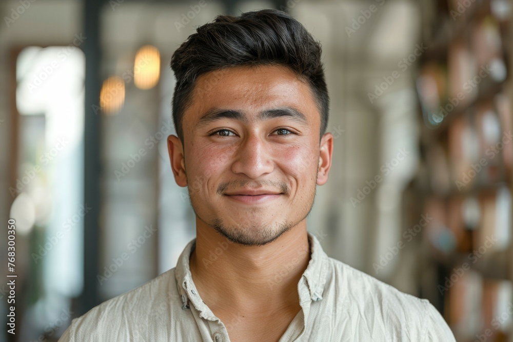 A man with a beard and a smile is standing in front of a wall A man with a beard and a smile is standing in front of a wall
