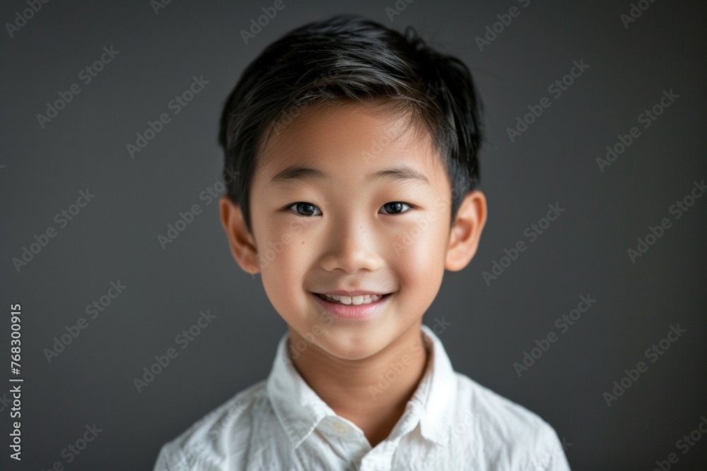A young boy with a white shirt and black hair is smiling A young boy with a white shirt and black hair is smiling