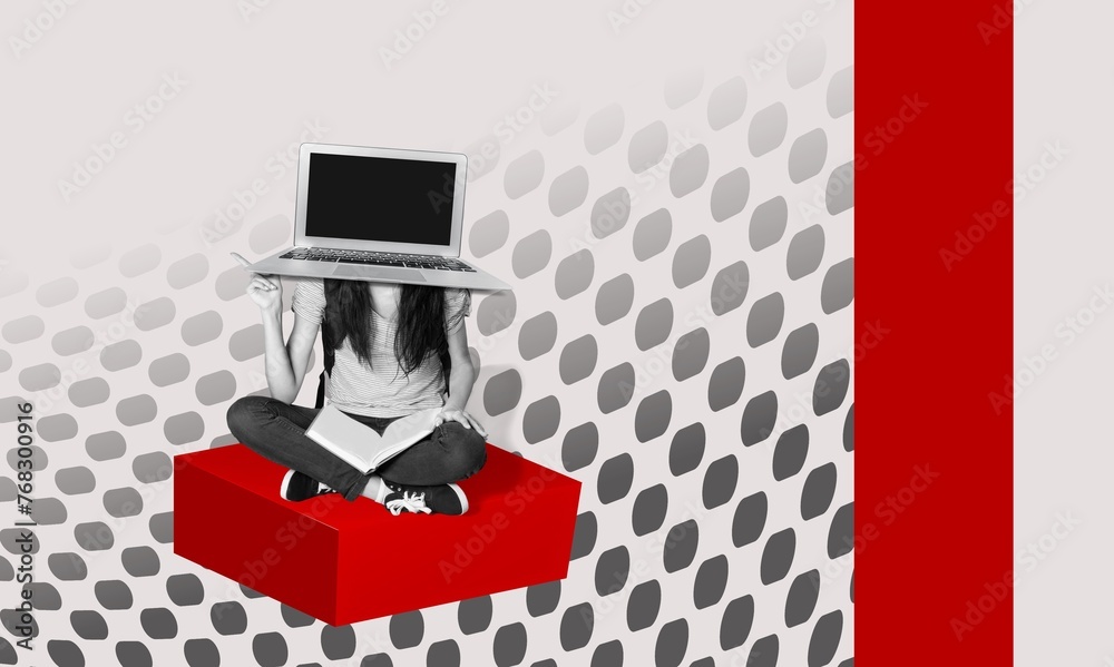 Obraz premium Collage of person no face sit with computer