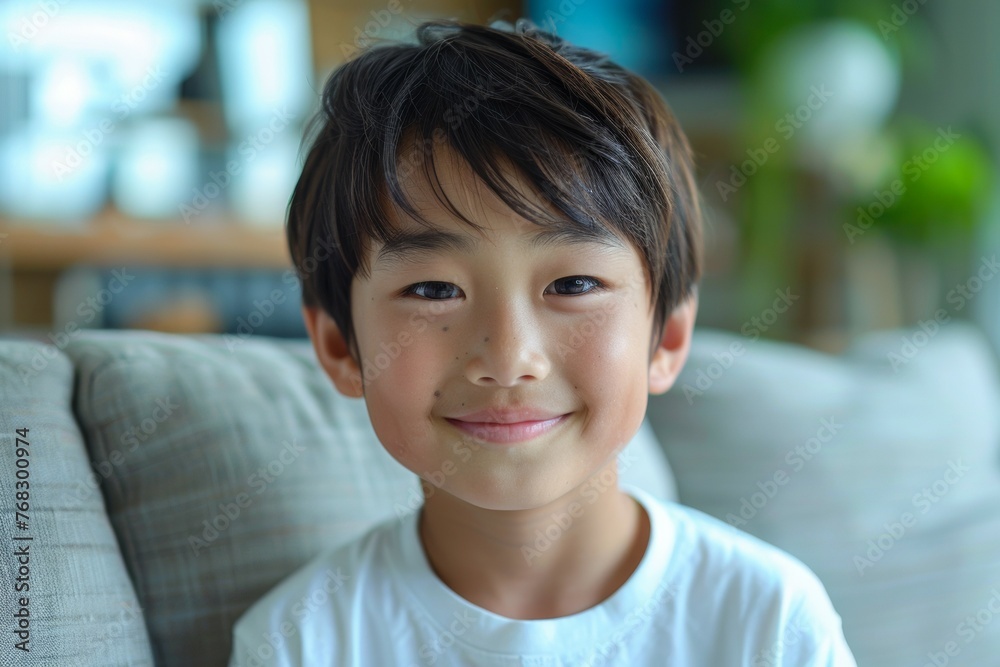 A young boy is smiling and sitting on a couch A young boy is smiling and sitting on a couch
