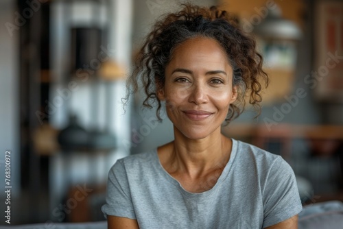 A woman with curly hair is smiling and wearing a gray shirt