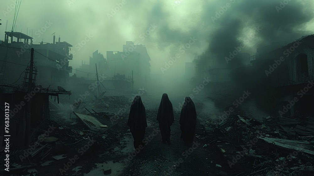 a desperate Post-Apocalypse world view, three people are walking through a ruined city in pitch darkness, horror, fear, gloom, darkness. generative AI a desperate Post-Apocalypse world view, three people are walking through a ruined city in pitch darkness, horror, fear, gloom, darkness. generative AI