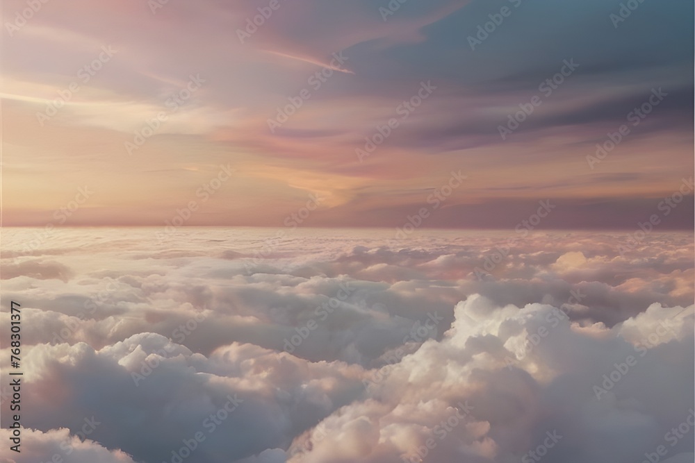 Clouds background in soft, warm, pastel and neutral colors. Aesthetic minimalism wallpaper for social media content. View of sky above clouds. Generative AI