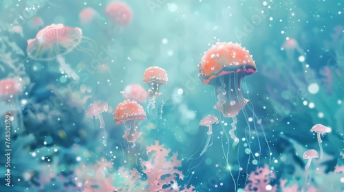 Mushroom and jellyfish combined into one underwater scene Watercolor illustration - Childrens storybook illustration in whimsical fairytale style created with Generative AI Technology