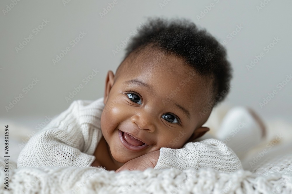 A baby is laying on a bed with a white blanket and smiling A baby is laying on a bed with a white blanket and smiling