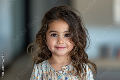 A young girl with long brown hair and a pretty dress is smiling for the camera