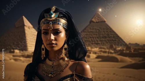 Egyptian princess in front of pyramids and moon photo