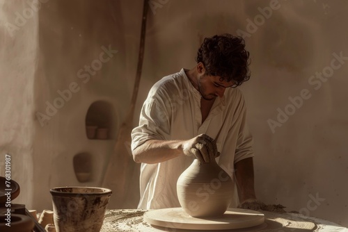 A focused artist shapes a ceramic vase on the pottery wheel in a warmly lit workshop, expressing creativity and skill