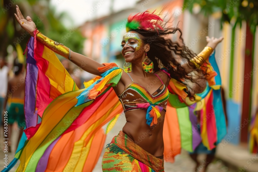 A woman bursts into joyful dance at carnival, her costume exploding with color and expressive movement