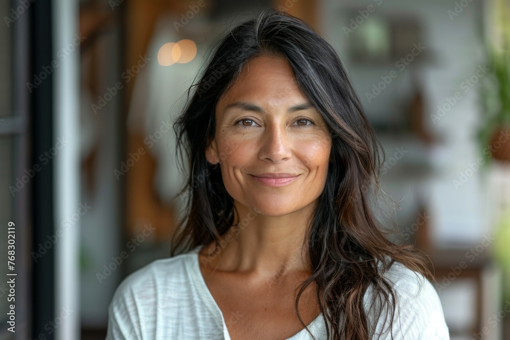 A woman with long dark hair and a white shirt is smiling