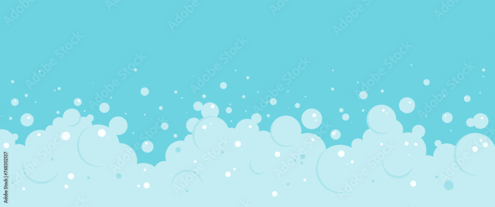 Cartoon foam bubble blue background, bath soap border, shower water pattern, laundry transparent suds. Wash vector frame. Abstract illustration - obrazy, fototapety, plakaty 