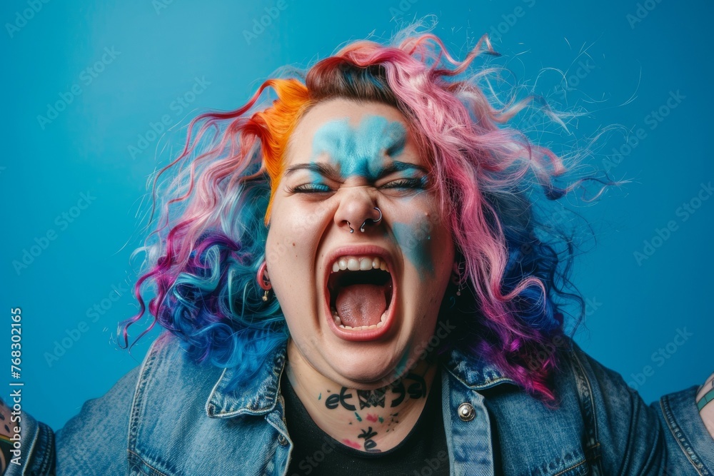 Non-binary person with colorful hair and tattoos is screaming