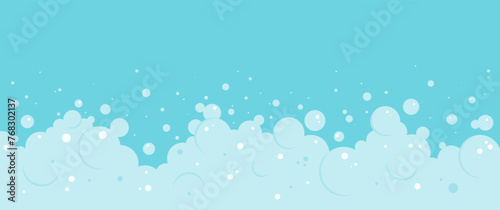 Fototapeta Naklejka Na Ścianę i Meble -  Cartoon foam bubble blue background, bath soap border, shower water pattern, laundry transparent suds. Wash vector frame. Abstract illustration