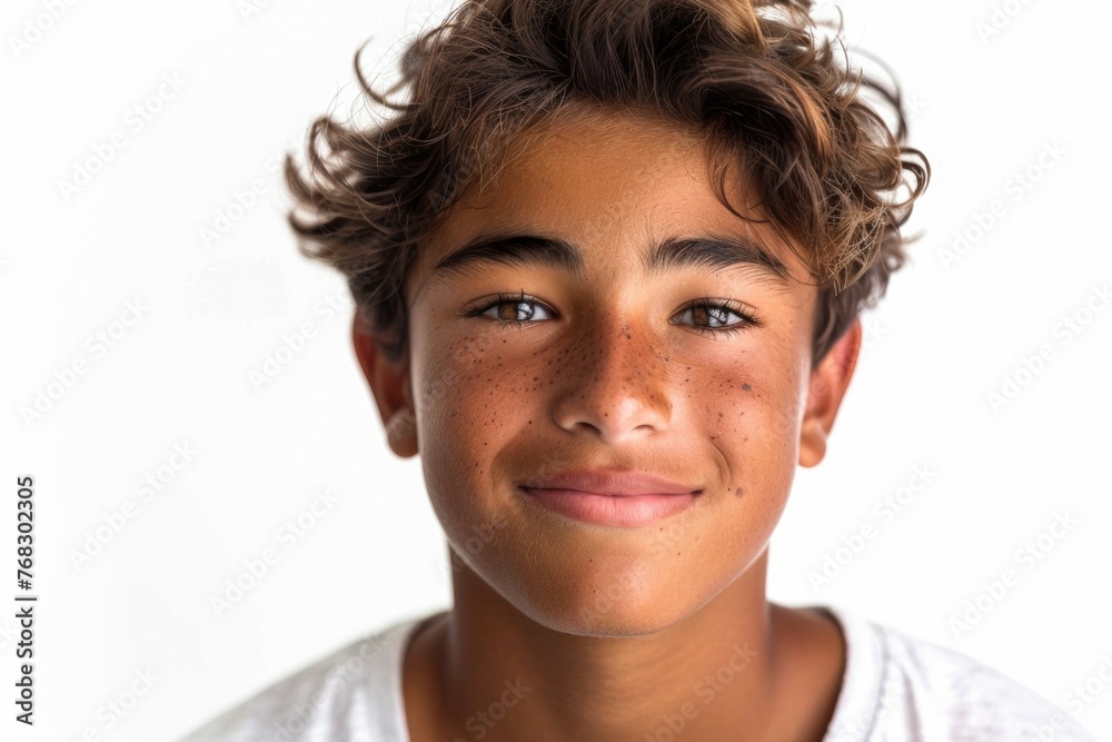 A young man with brown hair and a white shirt is smiling A young man with brown hair and a white shirt is smiling