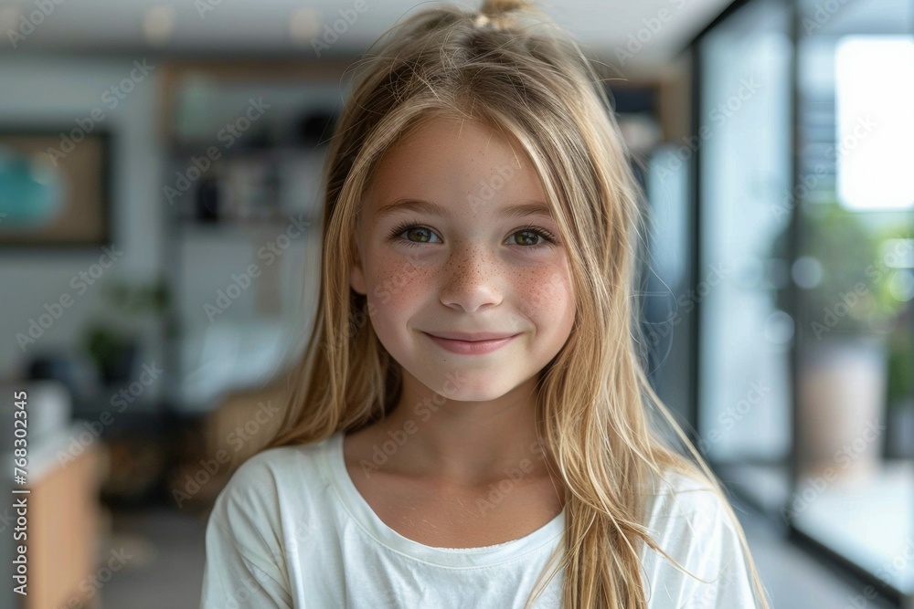 A young girl with blonde hair and a white shirt is smiling at the camera
