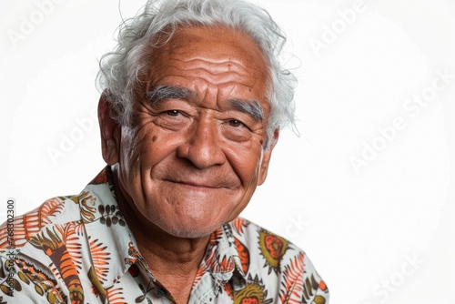 A man with a white background and a colorful shirt