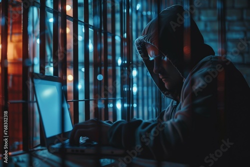 A man is sitting in front of a laptop with a hood over his head. Prisoner hacker in prison