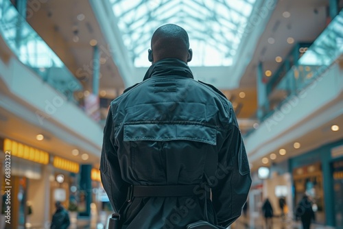 A man wearing a black jacket stands in a mall photo