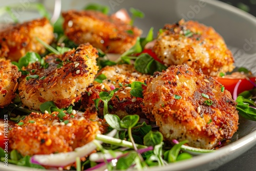 Delicious crispy breaded shrimp seasoned with spices on a bed of salad, tomatoes, and herbs served in a white bowl