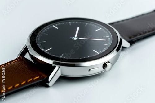 Close-up of a classic designer wristwatch with an elegant leather strap on a white background, symbolizing luxury and time management