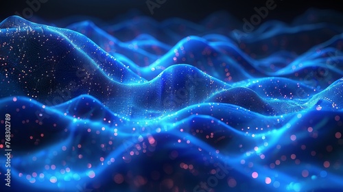 Wave of dots and weave lines. Abstract blue background for design on the topic of cyberspace, big data, metaverse, network security, data transfer on dark blue abstract cyberspace background © mariodelavega