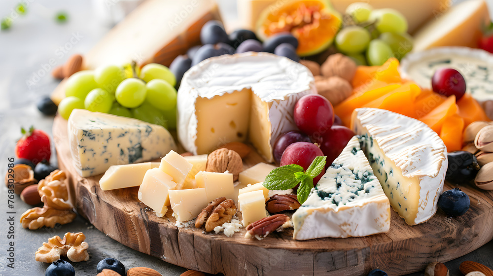 Close-up photo of cheese platter with fresh fruins and nuts, high quality cuisine art Close-up photo of cheese platter with fresh fruins and nuts, high quality cuisine art