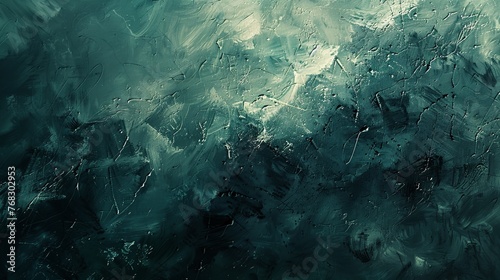 Abstract painting with deep turquoise and black textures creating a powerful visual impact