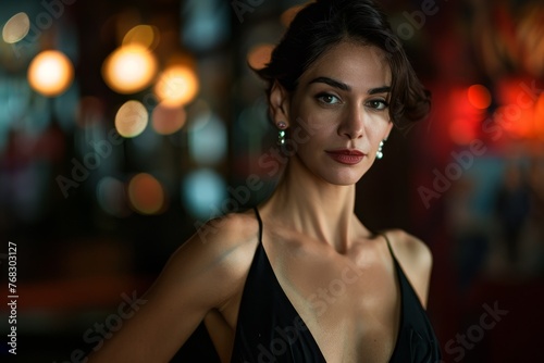 Intense close-up of a woman against blurred warm lights creating an air of mystery and allure