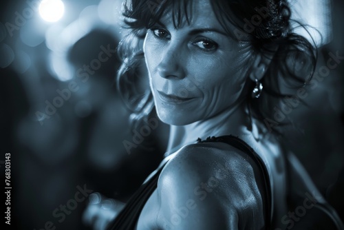 An older woman gives a confident look against a monochrome background with a soft focus