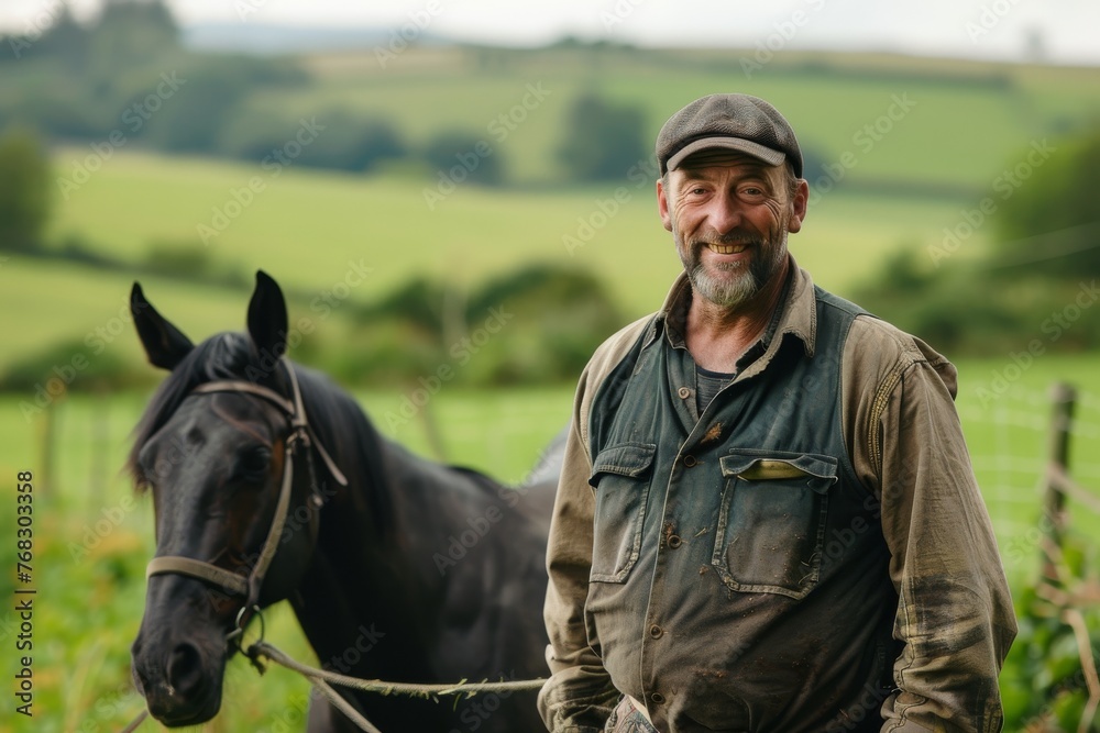 A smiling male farmer posing with his horse in a rural landscape, signifying companionship and rural life A smiling male farmer posing with his horse in a rural landscape, signifying companionship and rural life
