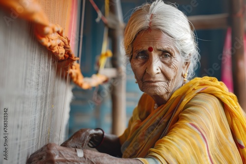 An elderly Indian woman weaving on a traditional loom, highlighting her focus and craftsmanship