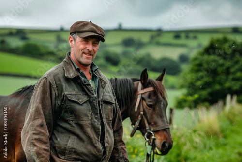 Smiling man in a flat cap standing with his horse, with a serene countryside setting in the background
