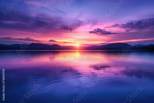 a placid lake at sunset  the silky water reflecting the vibrant colors of the sky 