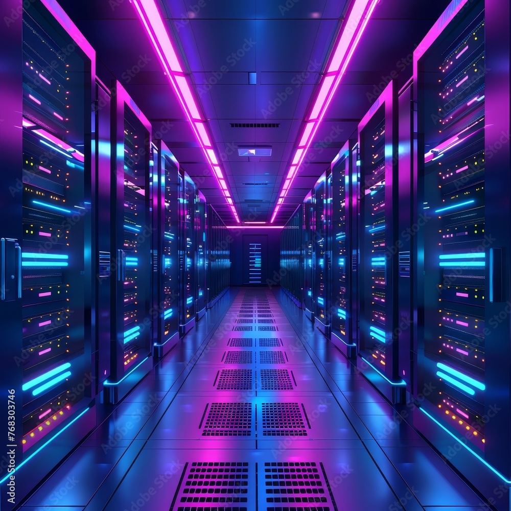 Data center with server racks, IT working server room with rows of supercomputers. 3D concept illustration of information technology, cyber network, hosting, data backup, render farm, storage cloud Data center with server racks, IT working server room with rows of supercomputers. 3D concept illustration of information technology, cyber network, hosting, data backup, render farm, storage cloud