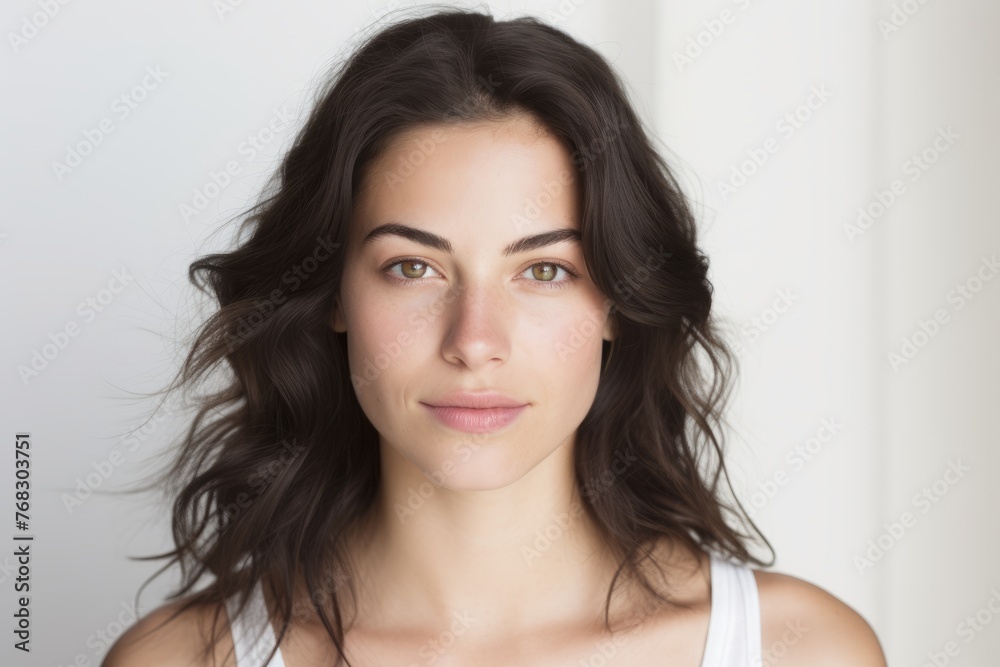 Portrait of a beautiful young woman with long curly hair looking at camera Portrait of a beautiful young woman with long curly hair looking at camera