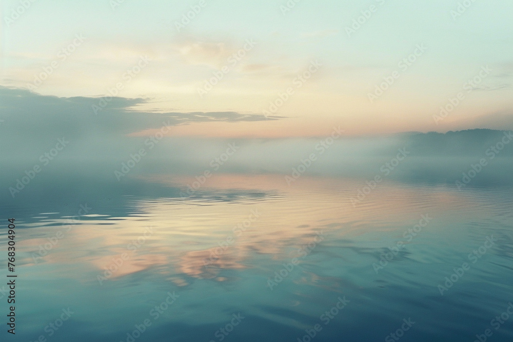 a serene lake at dawn, the surface like a mirror of silk reflecting the soft colors of the sky
