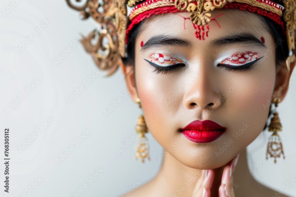 A Balinese dancer wearing traditional makeup and headdress with eyes closed, embodying serenity