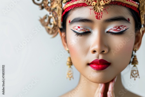 A Balinese dancer wearing traditional makeup and headdress with eyes closed, embodying serenity