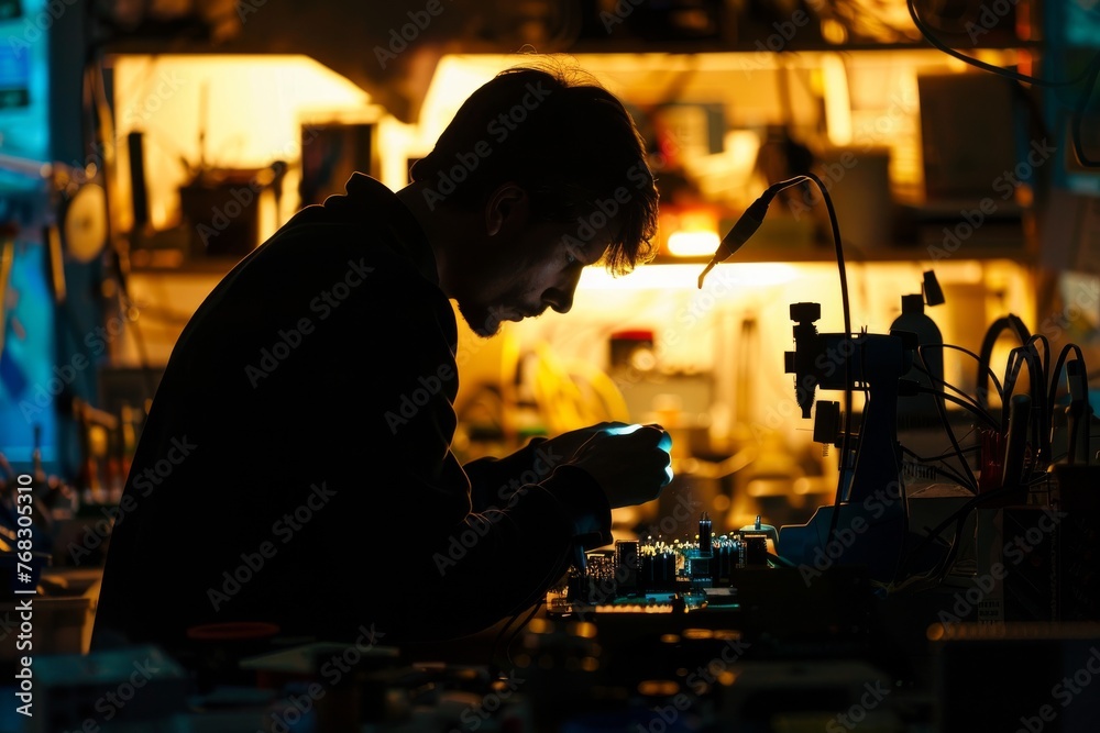 An engineer meticulously solders components in a technology-driven workshop illuminated by warm artificial light An engineer meticulously solders components in a technology-driven workshop illuminated by warm artificial light