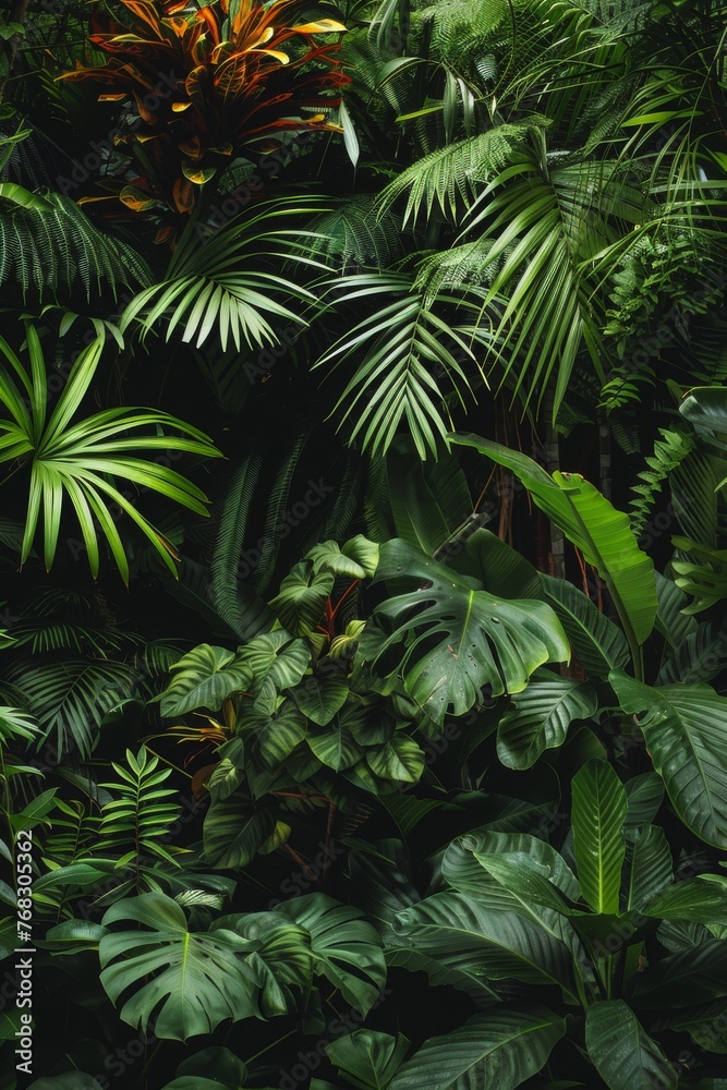Fototapeta Multiple Vegetation Plants in Tropical Rainforest Background created with Generative AI Technology