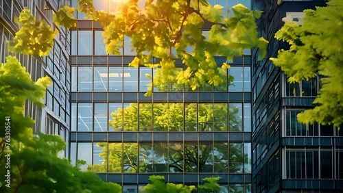 Eco-friendly building in the modern city. Sustainable glass office building with tree for reducing carbon dioxide. Office building with green environment. Corporate building reduce CO2,generative ai photo