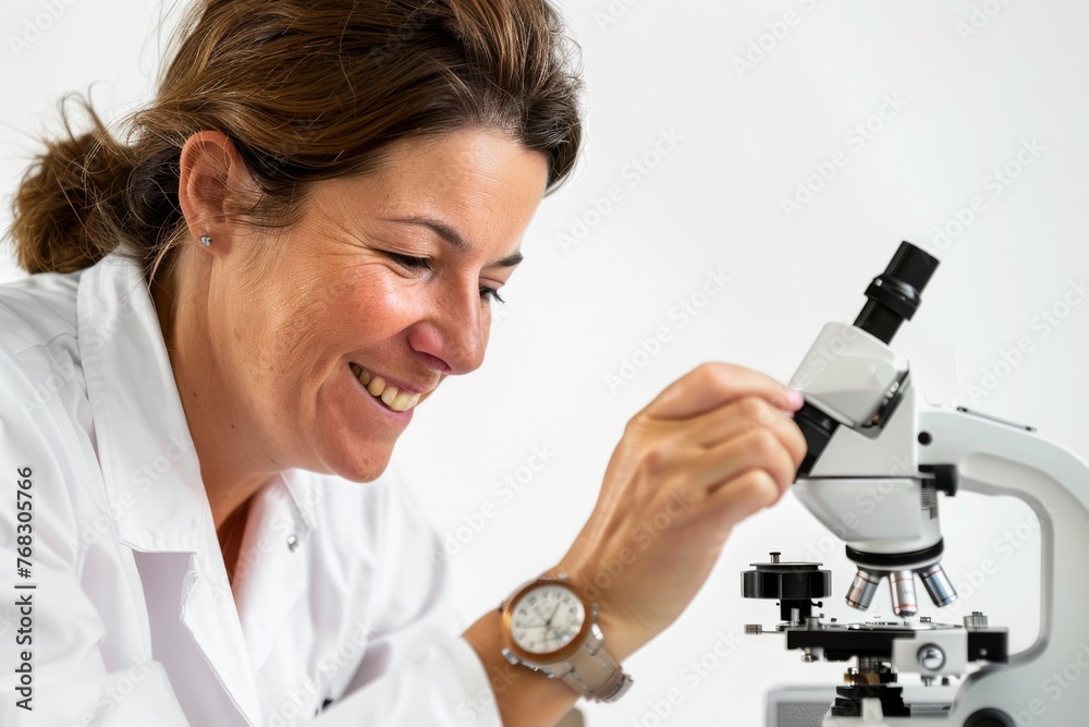 Despite the blurred face, the image shows a focused scientist adjusting a microscope, highlighting dedication and precision in research