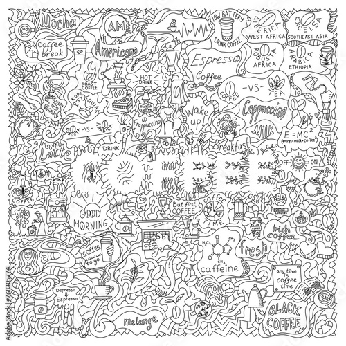 Fototapeta Naklejka Na Ścianę i Meble -  Black and white doodle illustration on the coffee theme for decoration, packaging and posters. Square aspect ratio. Transparent background