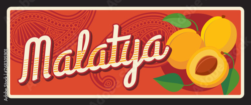 Malatya ili, Turkish province in mountainous area. Vector travel plate, vintage sign, retro postcard design. Territory of Turkey, old plaque with arabesque ornament, ripe peaches and apricots